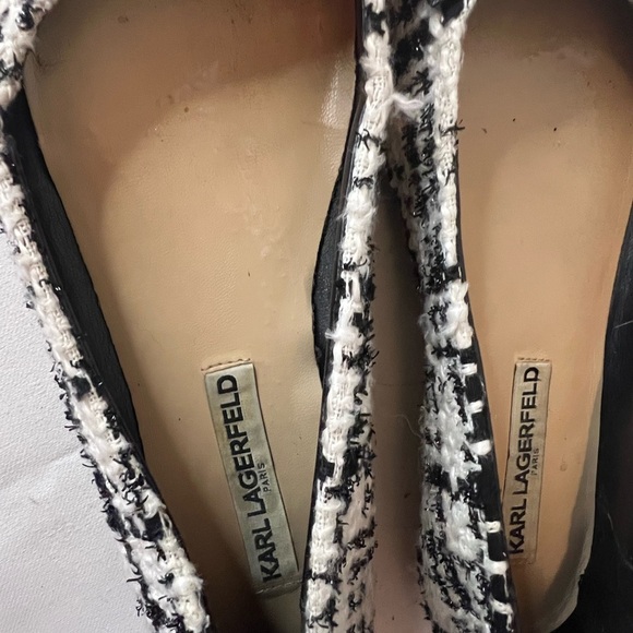 Karl Lagerfeld Elegant Black and White Tweed Flats with Pearl Detail - Picture 3 of 7